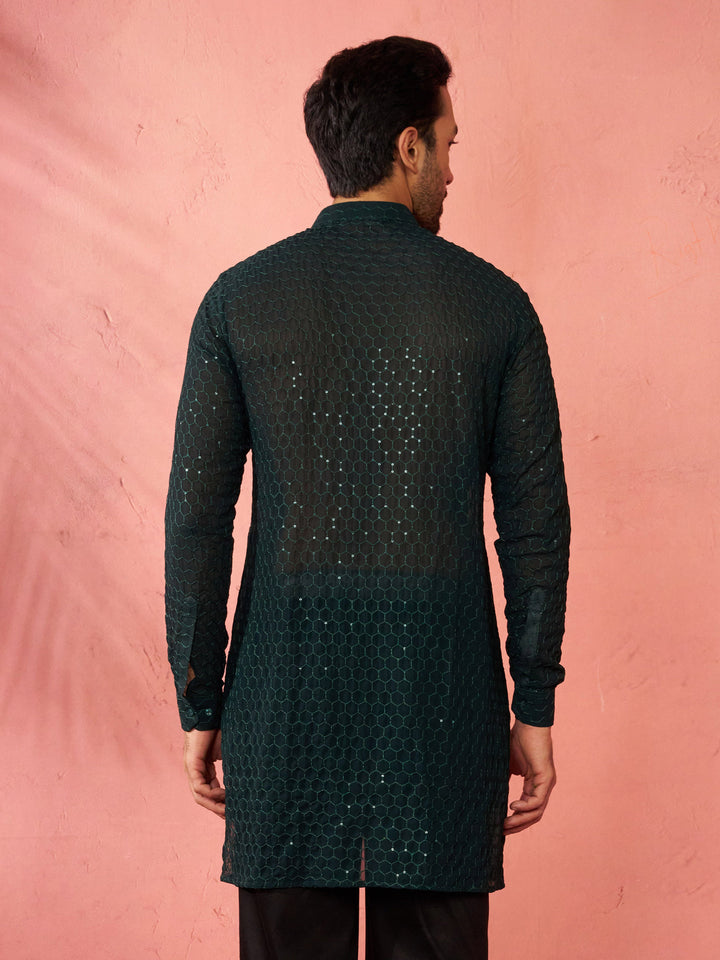 Men's Bottle Green Georgette Mid Kurta