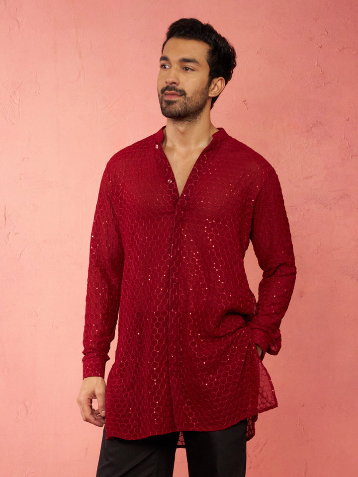 Men's Maroon Georgette Mid Kurta
