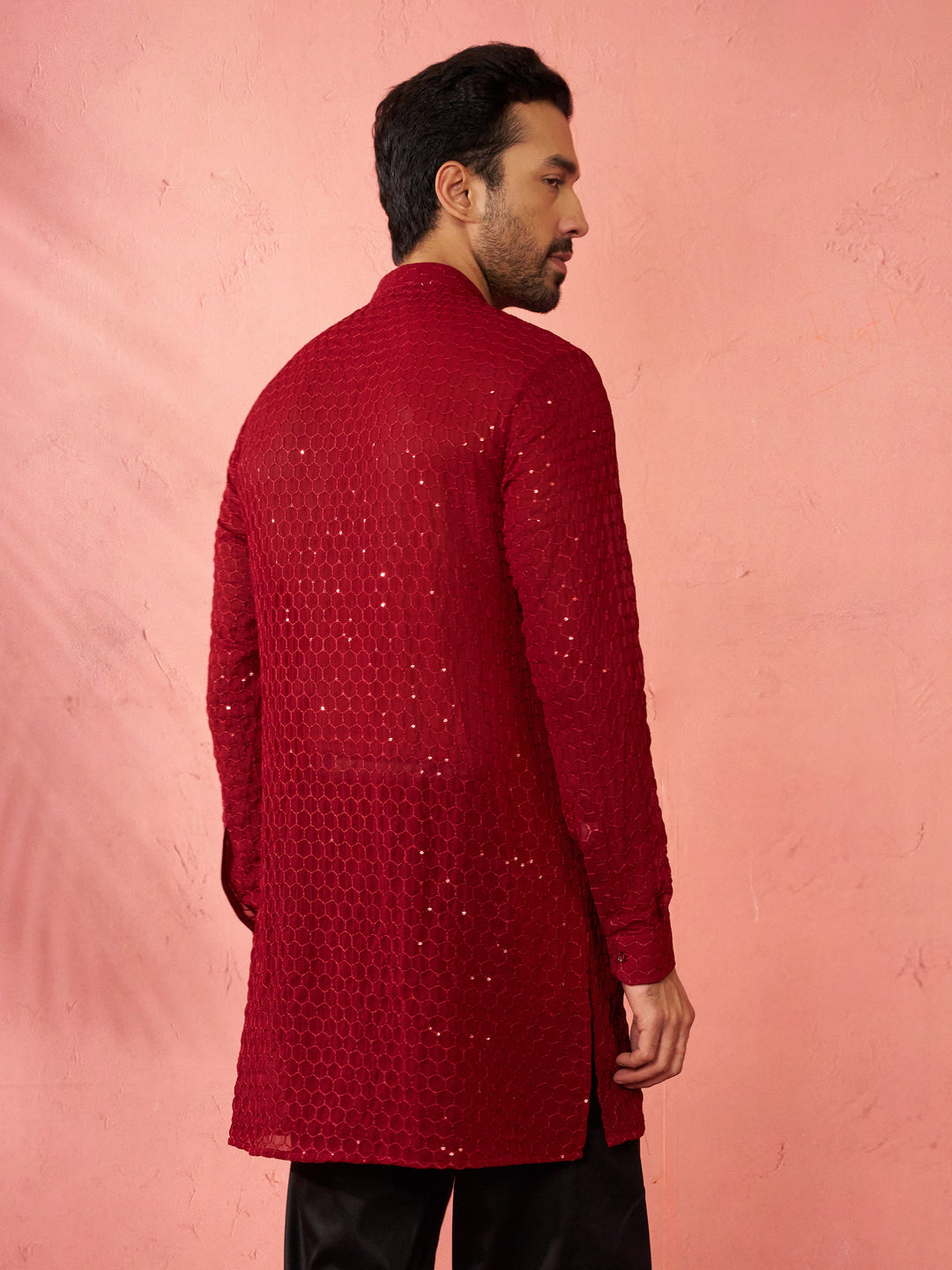 Men's Maroon Georgette Mid Kurta