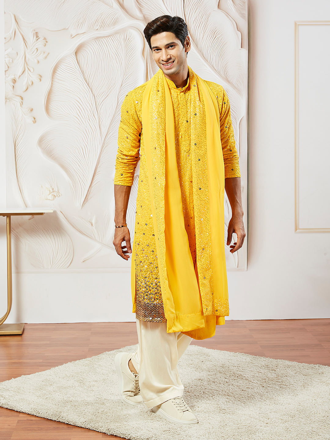 Men's Yellow Georgette Kurta Patiala And Dupatta Set