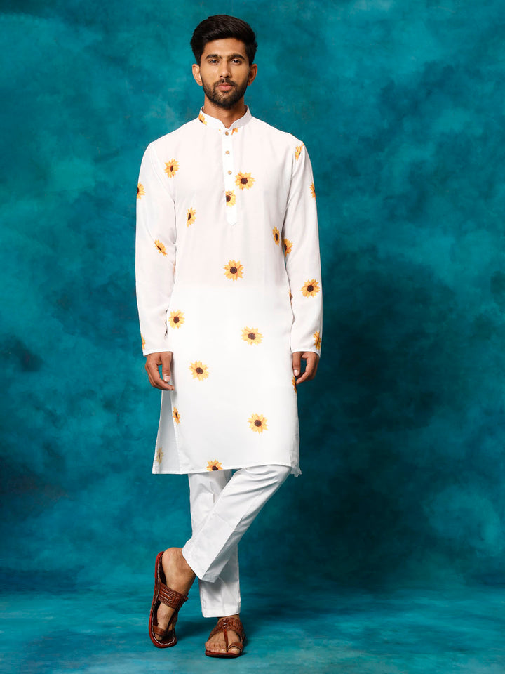 Men's White Cotton Blend Sunflower Print Kurta Pant Set