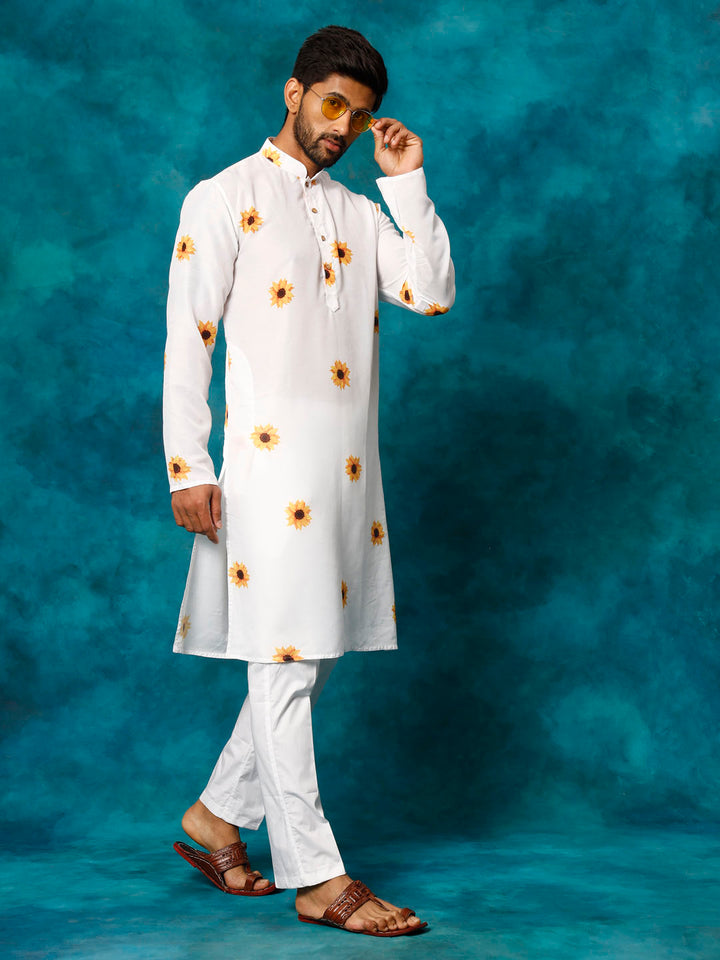 Men's White Cotton Blend Sunflower Print Kurta Pant Set