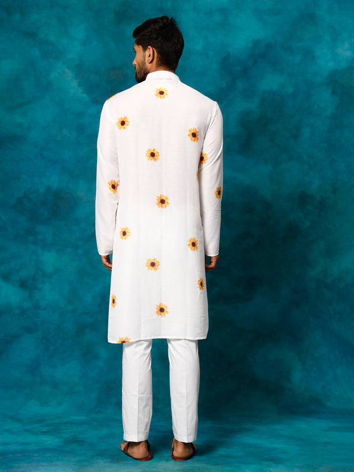 Men's White Cotton Blend Sunflower Print Kurta Pant Set