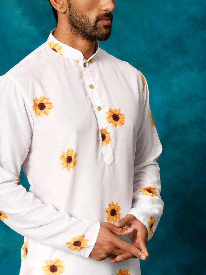 Men's White Cotton Blend Sunflower Print Kurta Pant Set