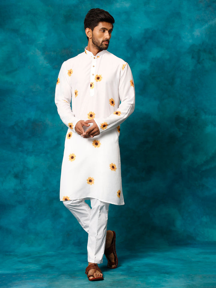 Men's White Cotton Blend Sunflower Print Kurta Pant Set