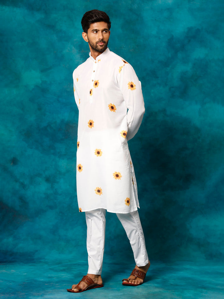 Men's White Cotton Blend Sunflower Print Kurta Pant Set