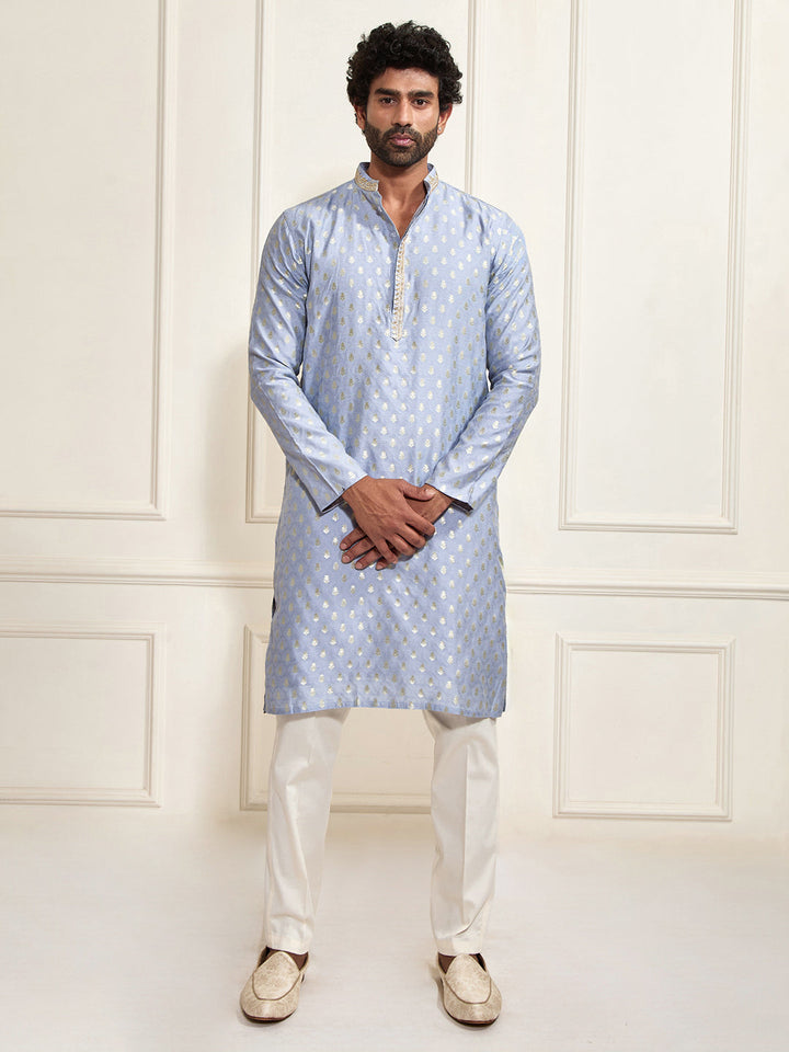 Men's Aqua Silk Blend Kurta Pyjama Set