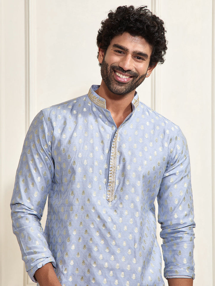 Men's Aqua Silk Blend Kurta Pyjama Set