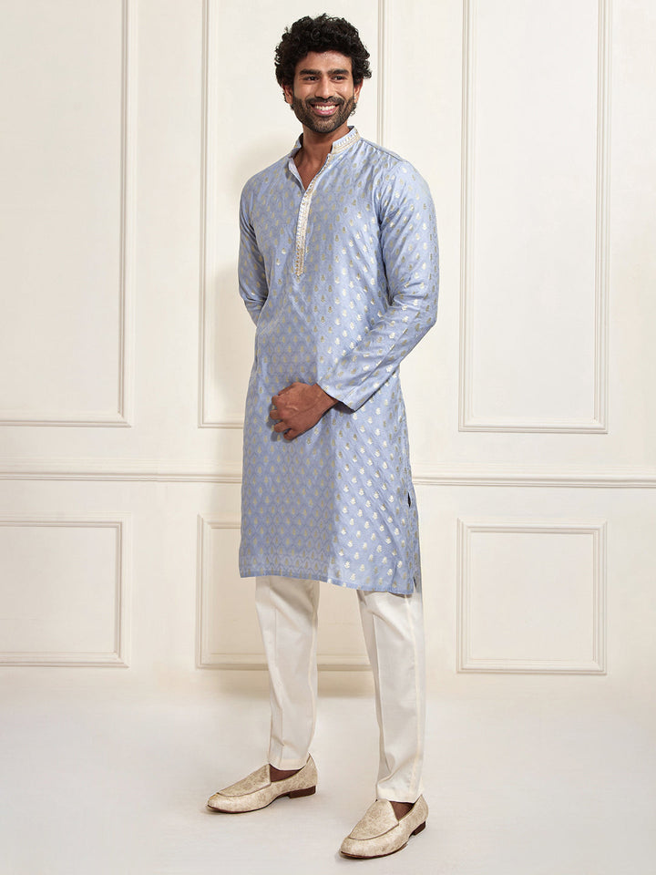 Men's Aqua Silk Blend Kurta Pyjama Set