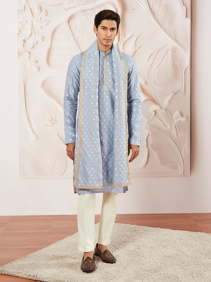 Men's Aqua Silk Blend Kurta Pyjama And Dupatta Set