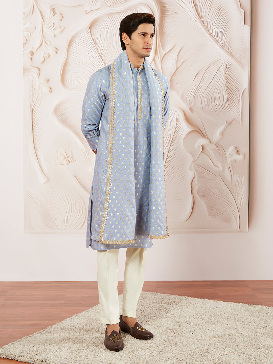 Men's Aqua Silk Blend Kurta Pyjama And Dupatta Set