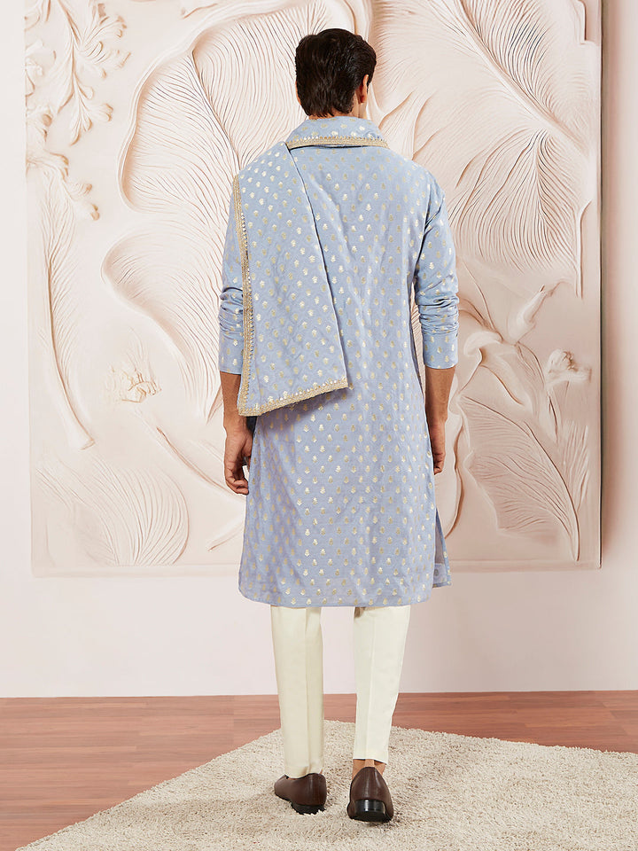 Men's Aqua Silk Blend Kurta Pyjama And Dupatta Set