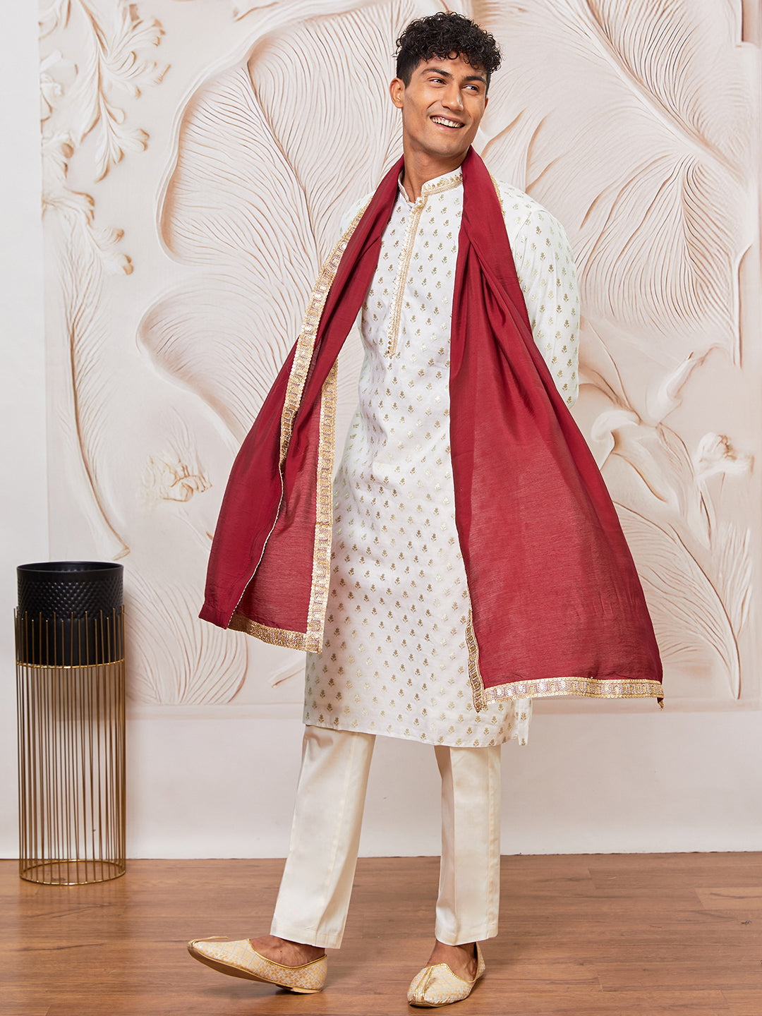 Men's Cream Silk Blend Kurta,Pant And Dupatta Set