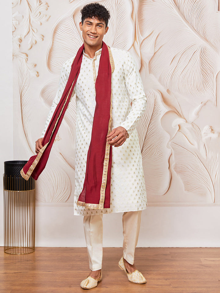 Men's Cream Silk Blend Kurta,Pant And Dupatta Set