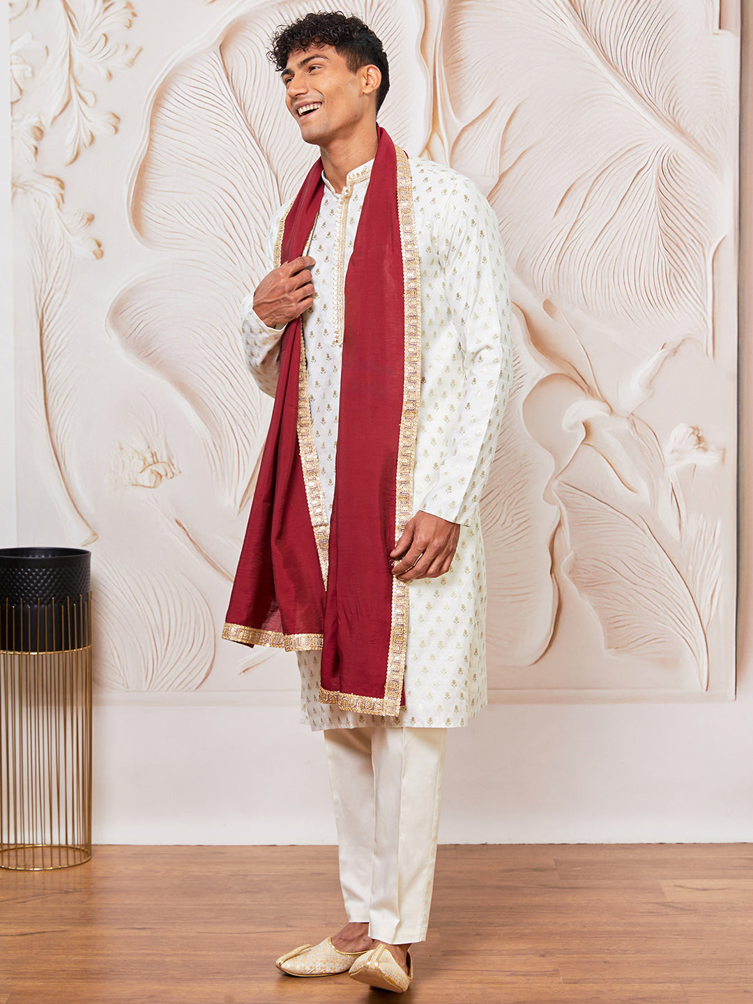 Men's Cream Silk Blend Kurta,Pant And Dupatta Set