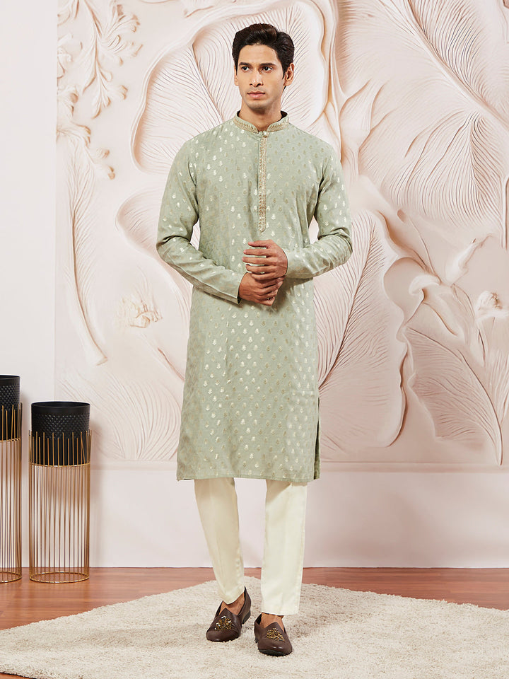 Men's Green Silk Blend Kurta Pyjama Set