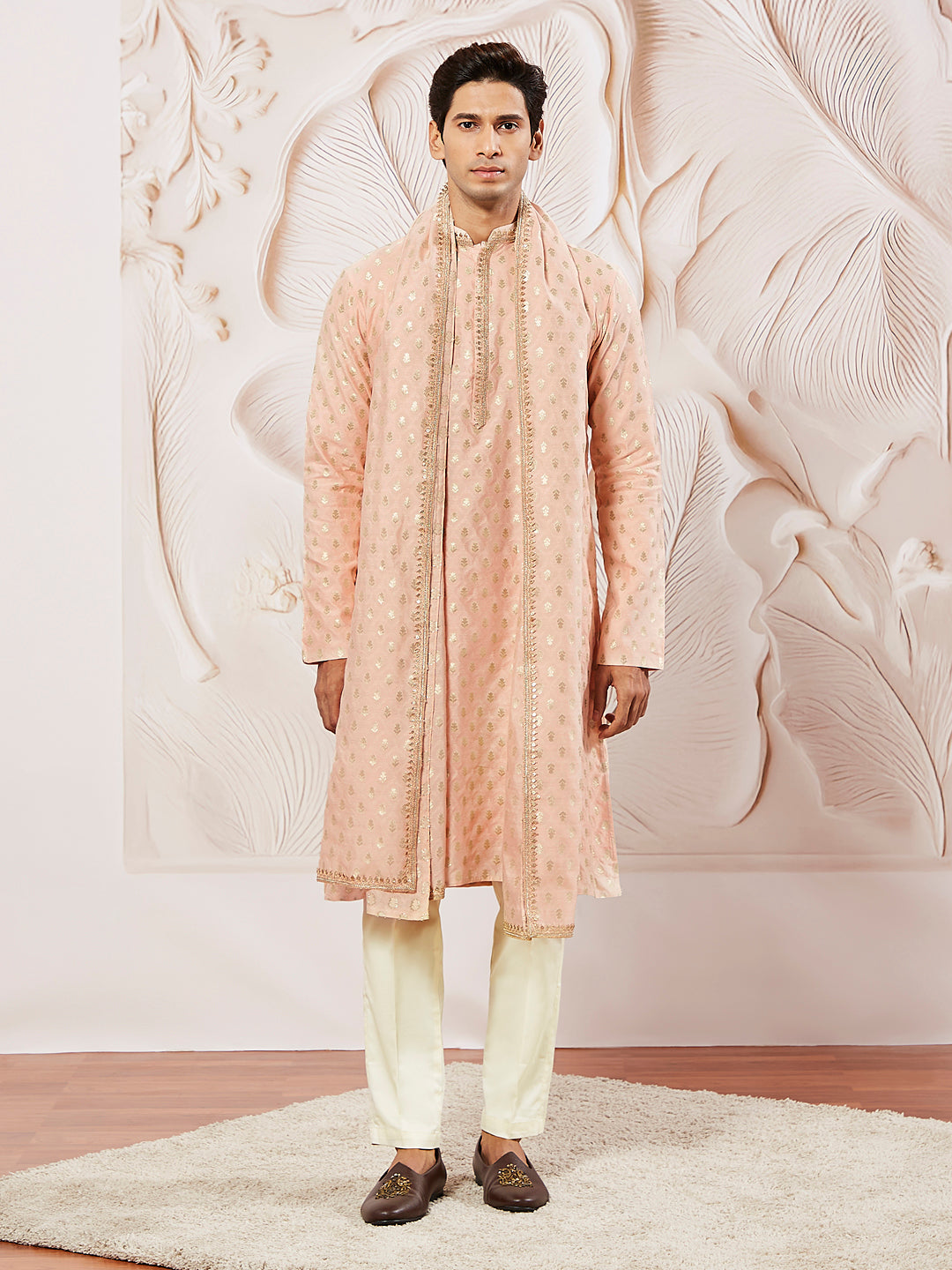 Men's Peach Silk Blend Kurta Pyjama Set