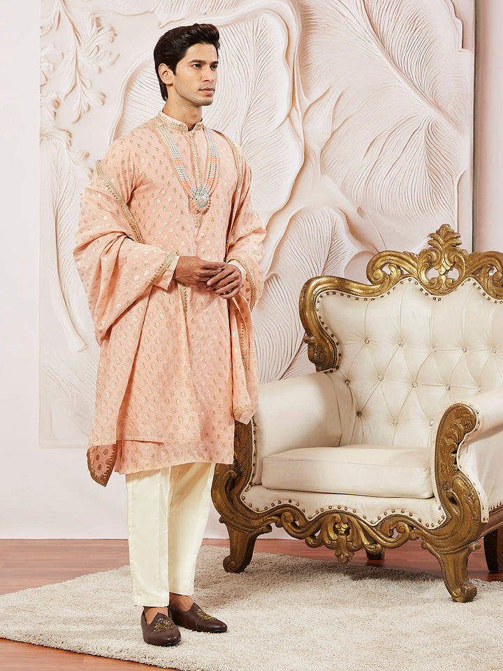 Men's Peach Silk Blend Kurta Pyjama Set