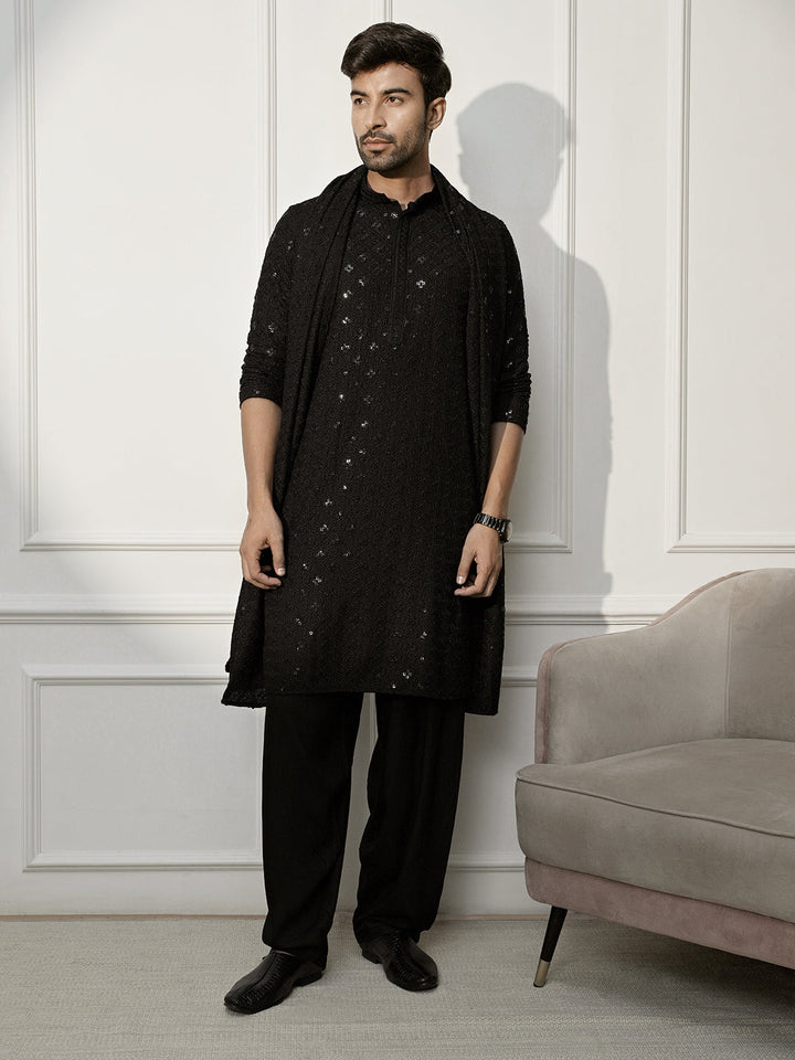 Men Black Embroidered Kurta With Pyjama & Dupatta