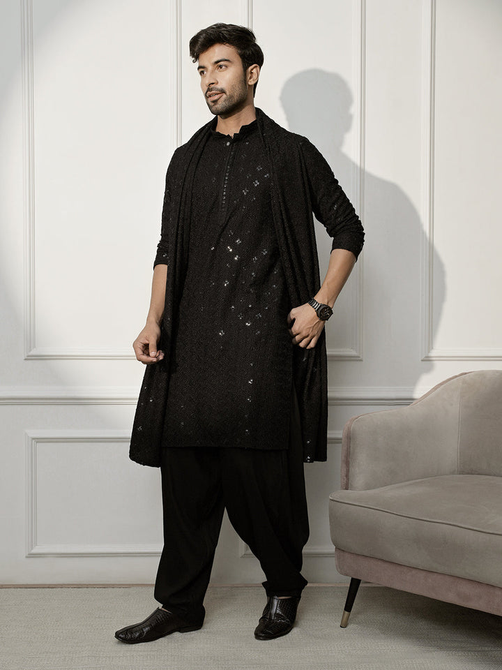 Men Black Embroidered Kurta With Pyjama & Dupatta