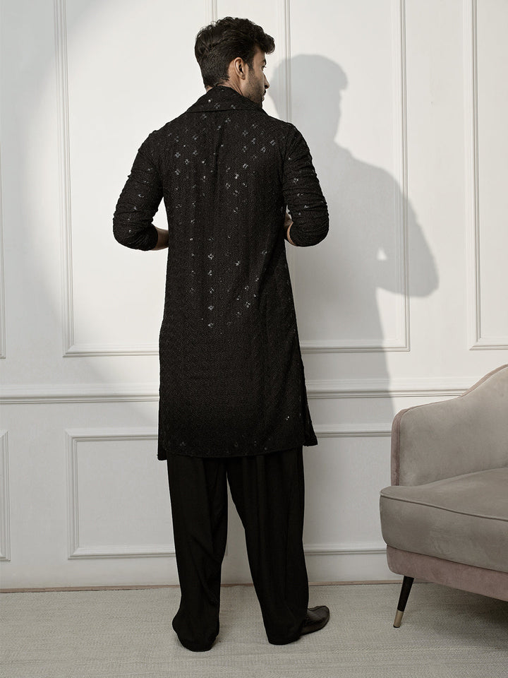 Men Black Embroidered Kurta With Pyjama & Dupatta