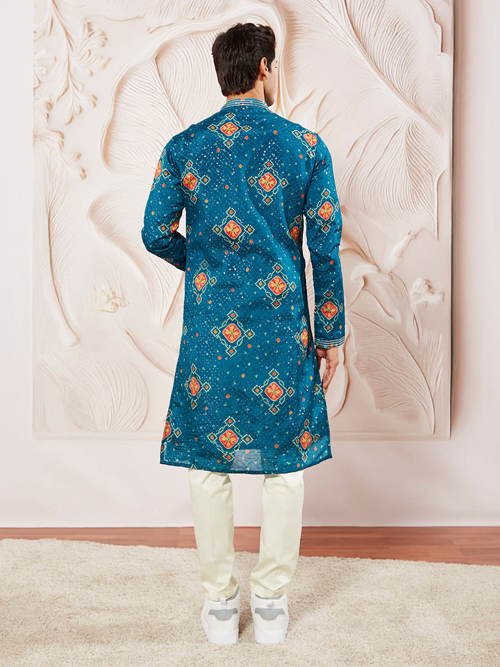 Men's Turquoise Chinon Kurta Pyjama And Dupatta Set For Men.