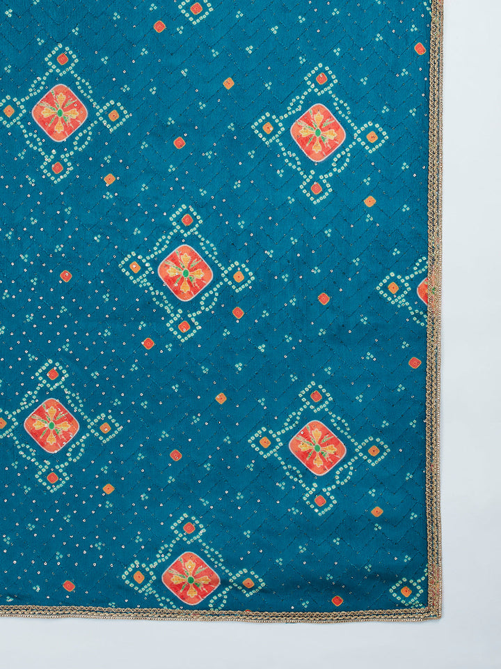 Men's Turquoise Chinon Kurta Pyjama And Dupatta Set For Men.