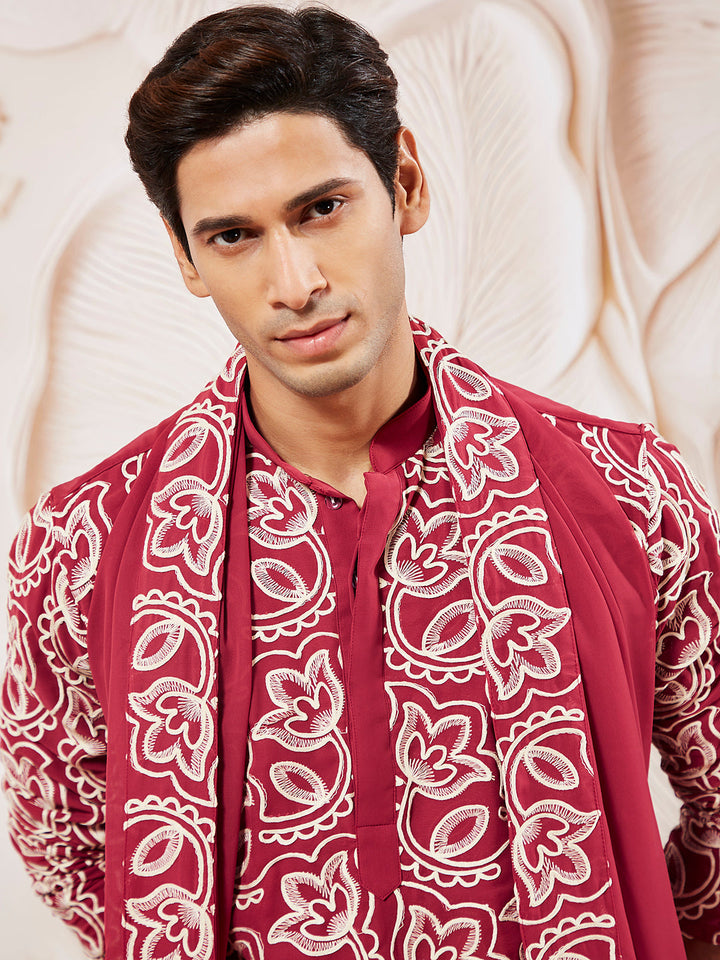 Men's Maroon Georgette Kurta Pyjama And Dupatta Set