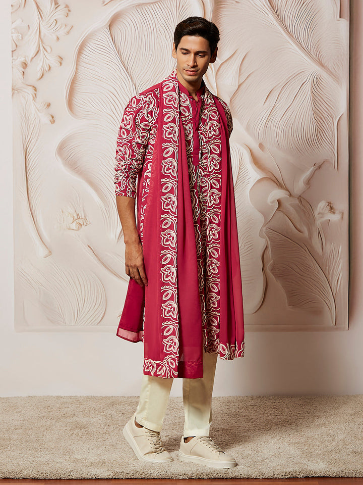 Men's Maroon Georgette Kurta Pyjama And Dupatta Set