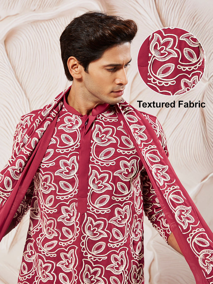 Men's Maroon Georgette Kurta Patiala And Dupatta Set.