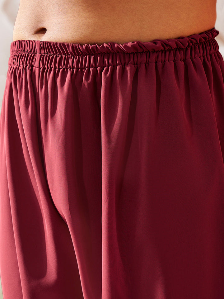 Men's Maroon Georgette Kurta Patiala And Dupatta Set.