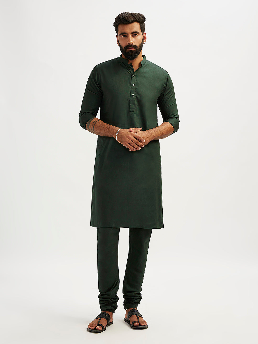 Men's Bottle Green Cotton Blend Kurta Pyjama Set