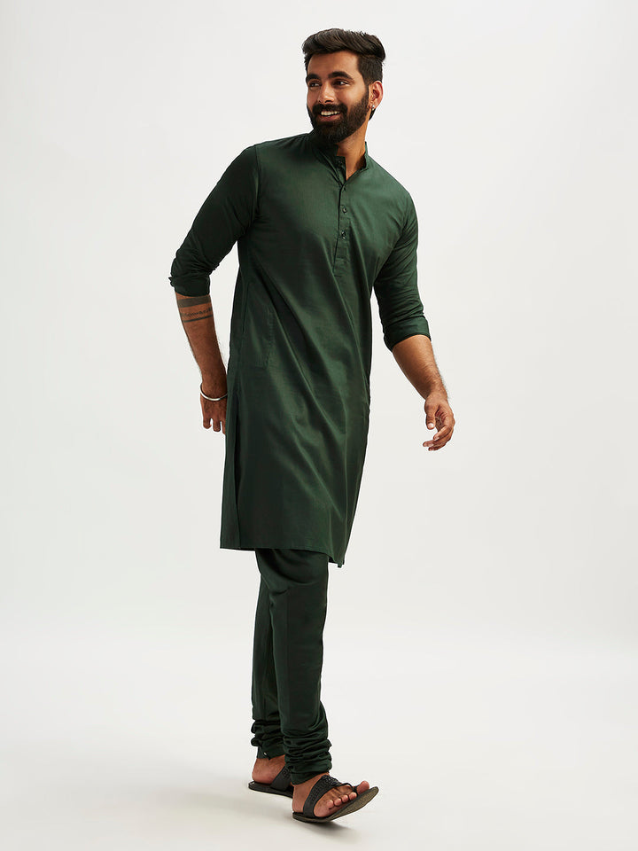 Men's Bottle Green Cotton Blend Kurta Pyjama Set