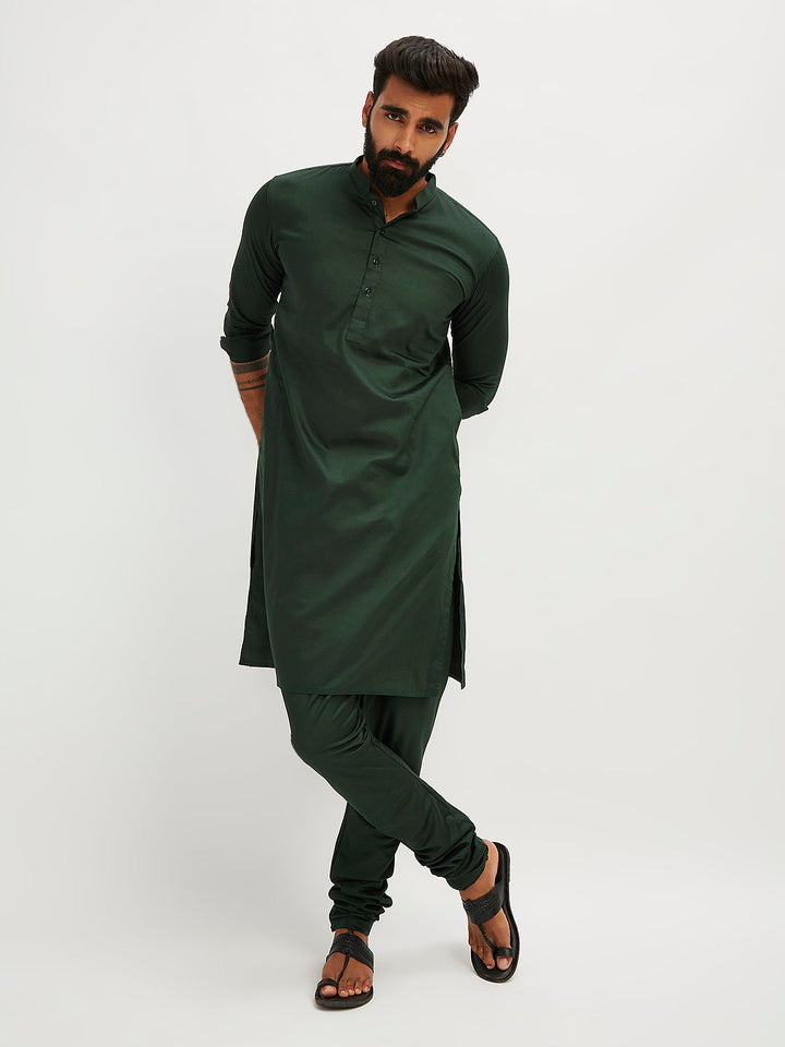 Men's Bottle Green Cotton Blend Kurta Pyjama Set