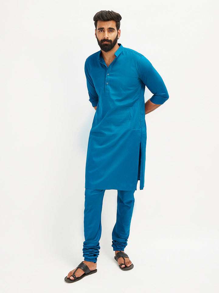 Men's Blue Cotton Blend Kurta Pyjama Set