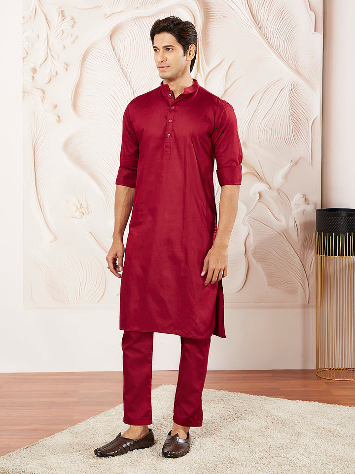 Men's Maroon Cotton Blend Kurta Pyjama Set