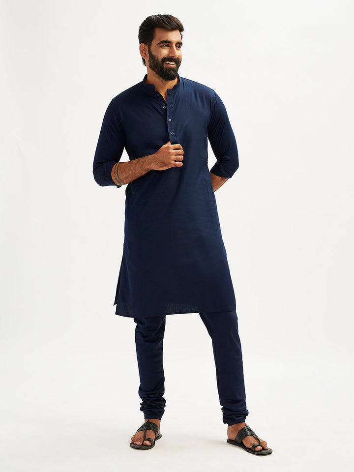 Men's Navy Blue Cotton Blend Kurta Pyjama Set
