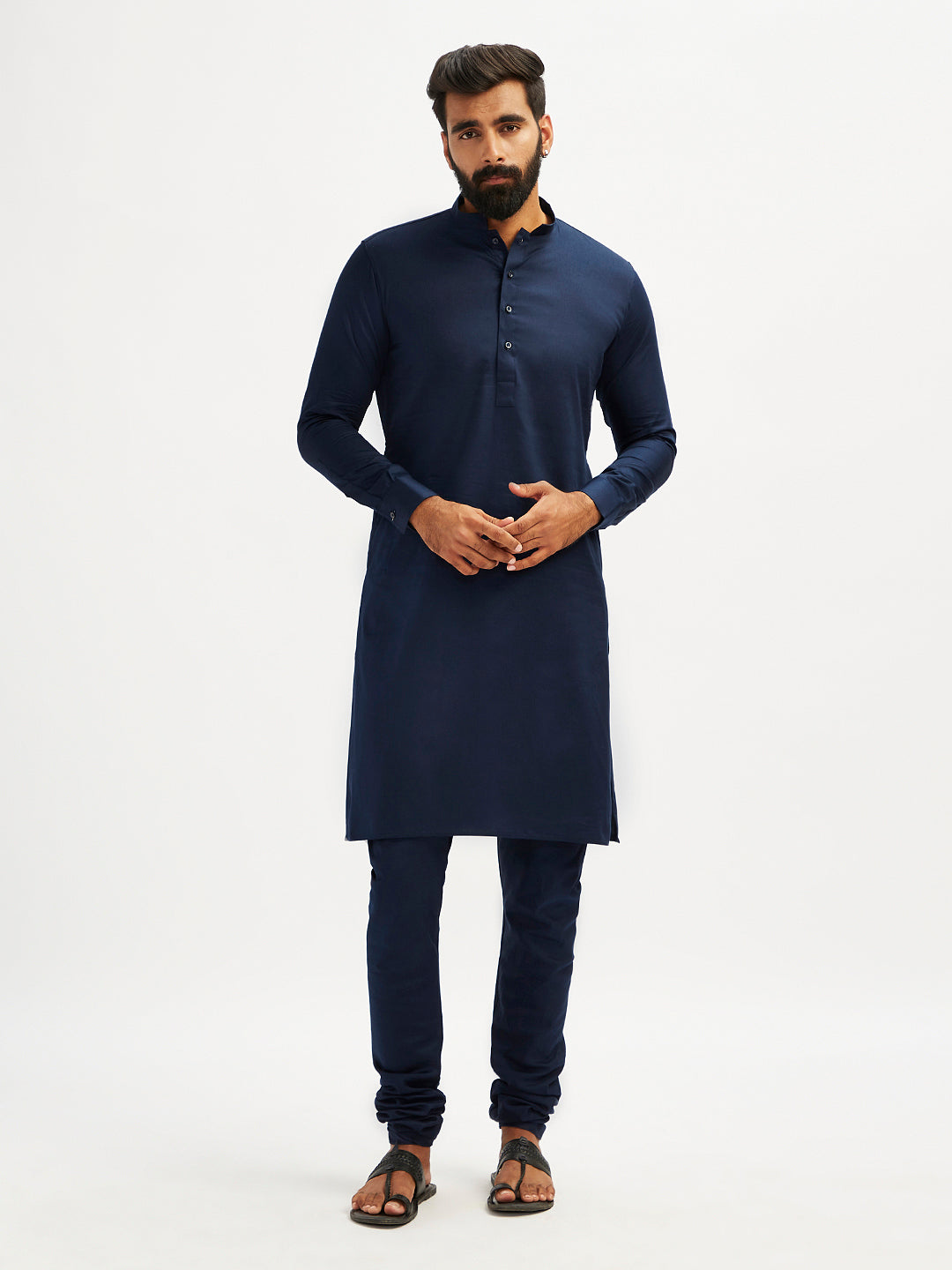 Men's Navy Blue Cotton Blend Kurta Pyjama Set