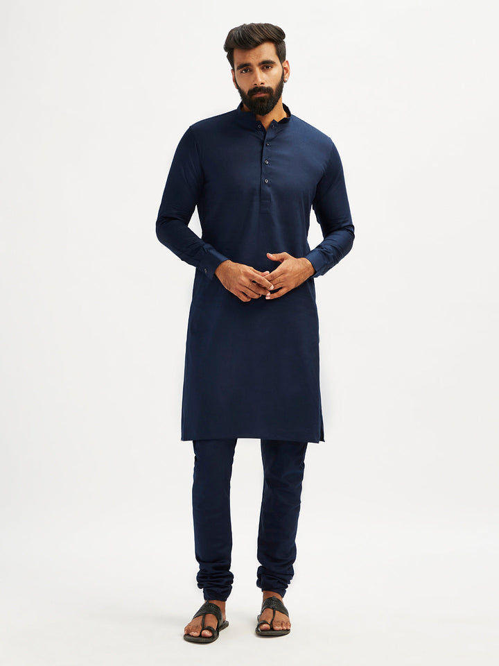 Men's Navy Blue Cotton Blend Kurta Pyjama Set