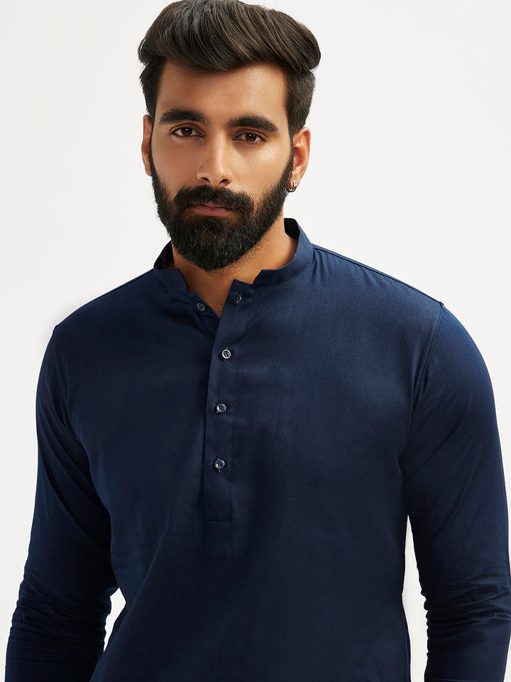 Men's Navy Blue Cotton Blend Kurta Pyjama Set
