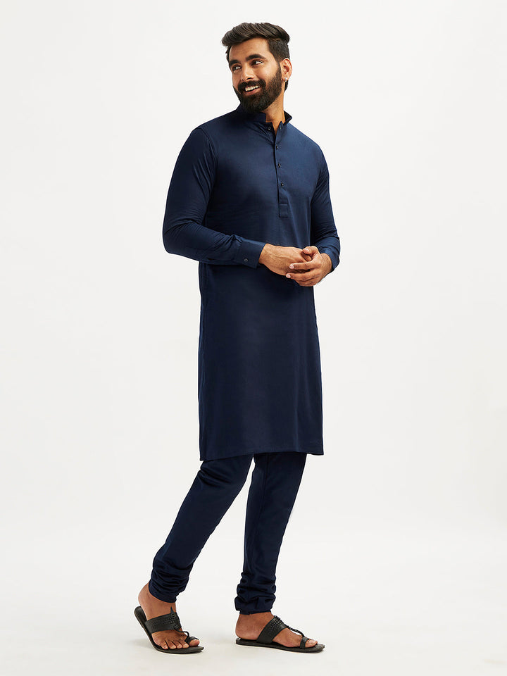 Men's Navy Blue Cotton Blend Kurta Pyjama Set