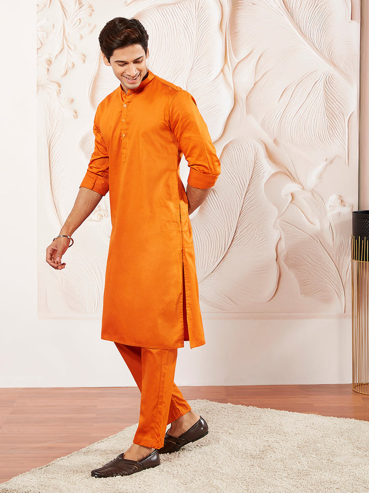 Men's Orange Cotton Blend Kurta Pyjama Set