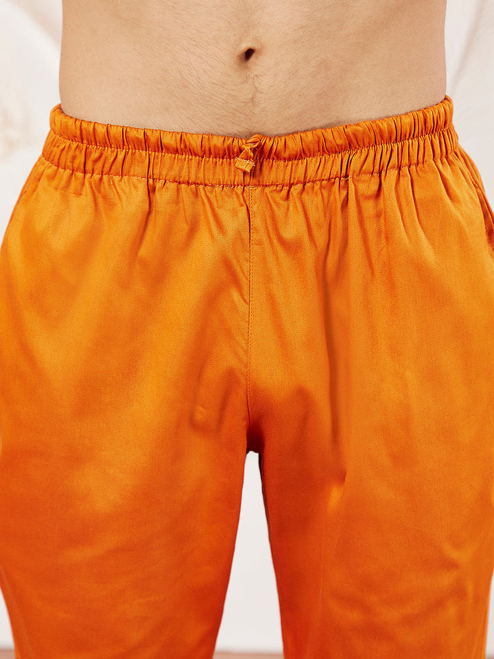 Men's Orange Cotton Blend Kurta Pyjama Set