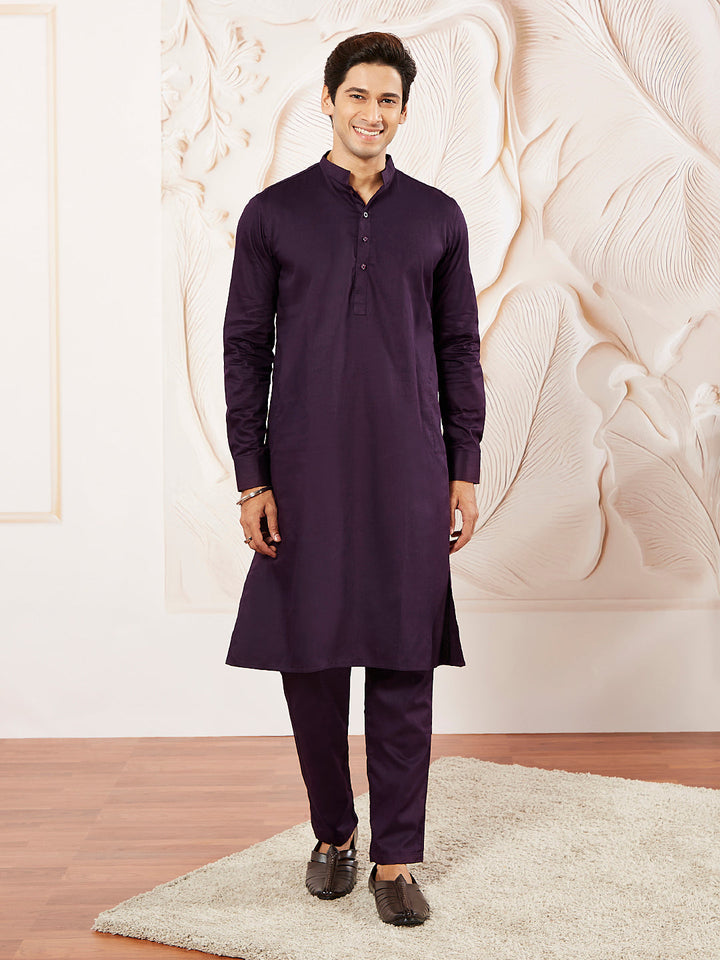 Men's Purple Cotton Blend Kurta Pyjama Set