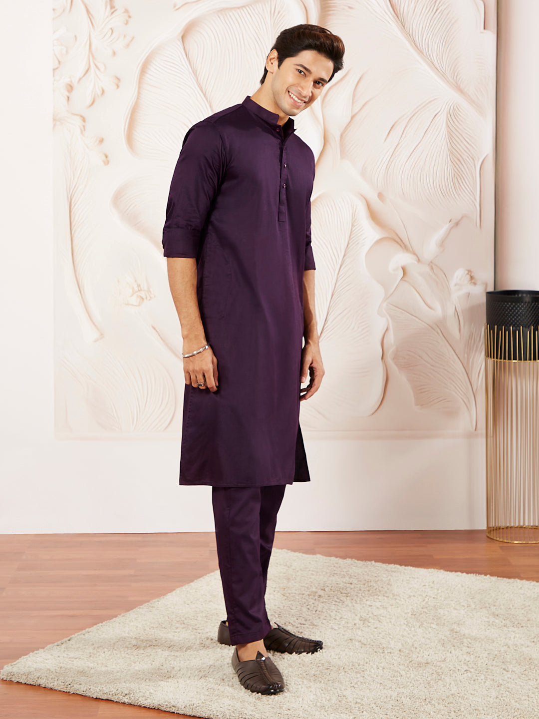 Men's Purple Cotton Blend Kurta Pyjama Set