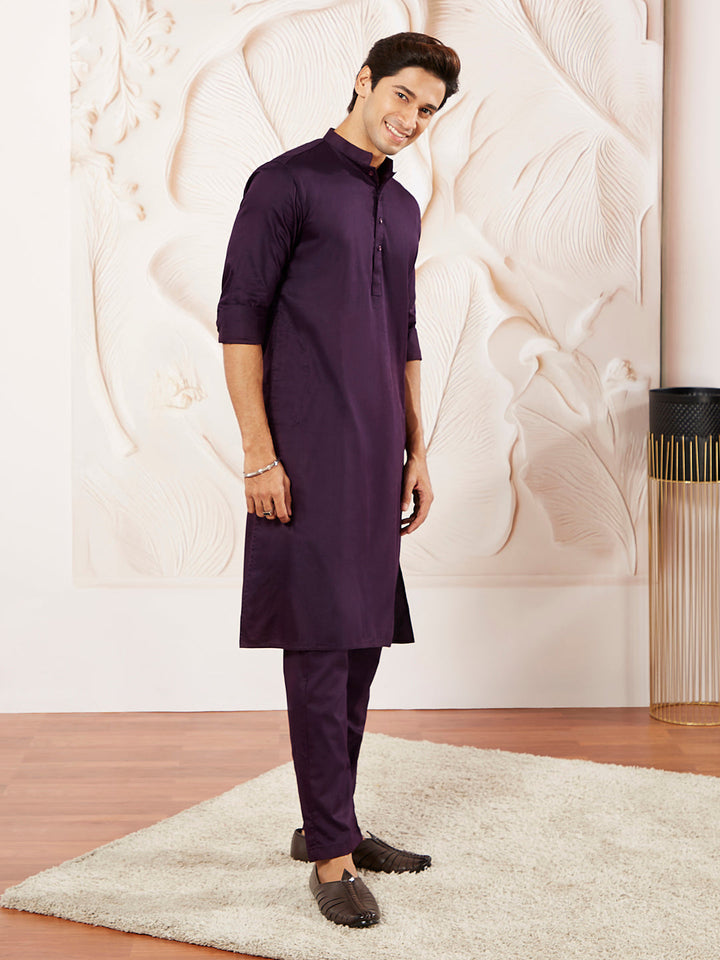 Men's Purple Cotton Blend Kurta Pyjama Set