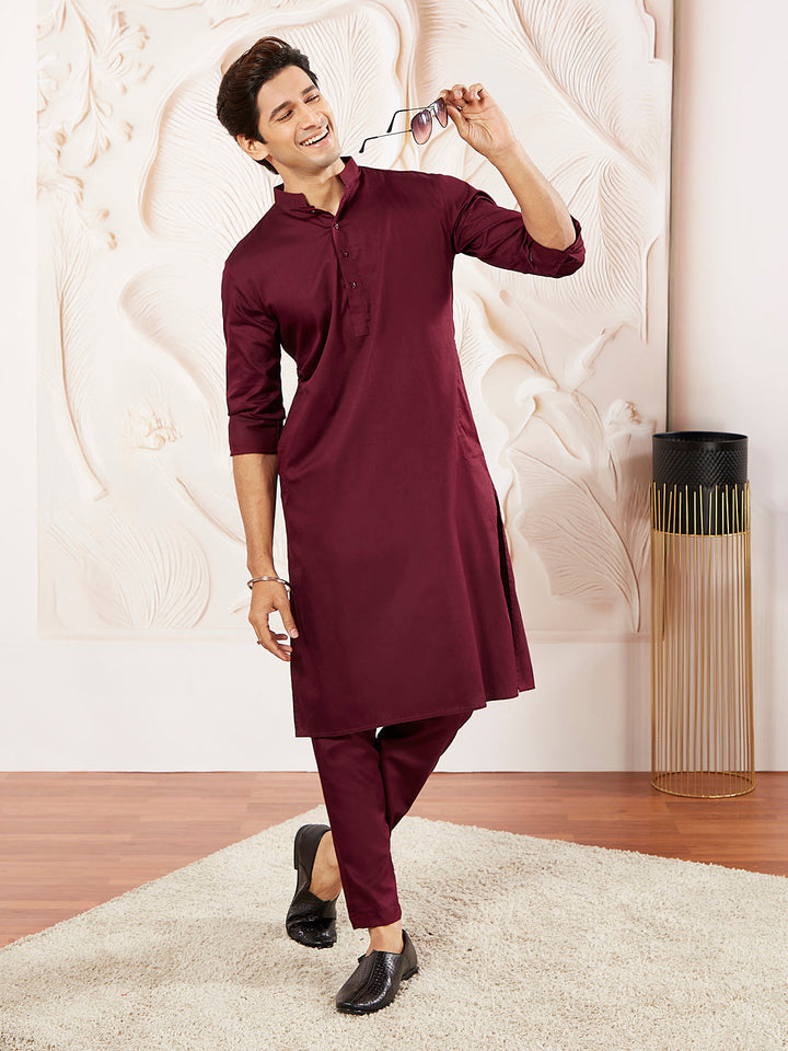 Men's Wine Cotton Blend Kurta Pyjama Set