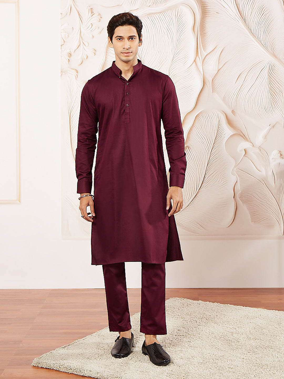 Men's Wine Cotton Blend Kurta Pyjama Set