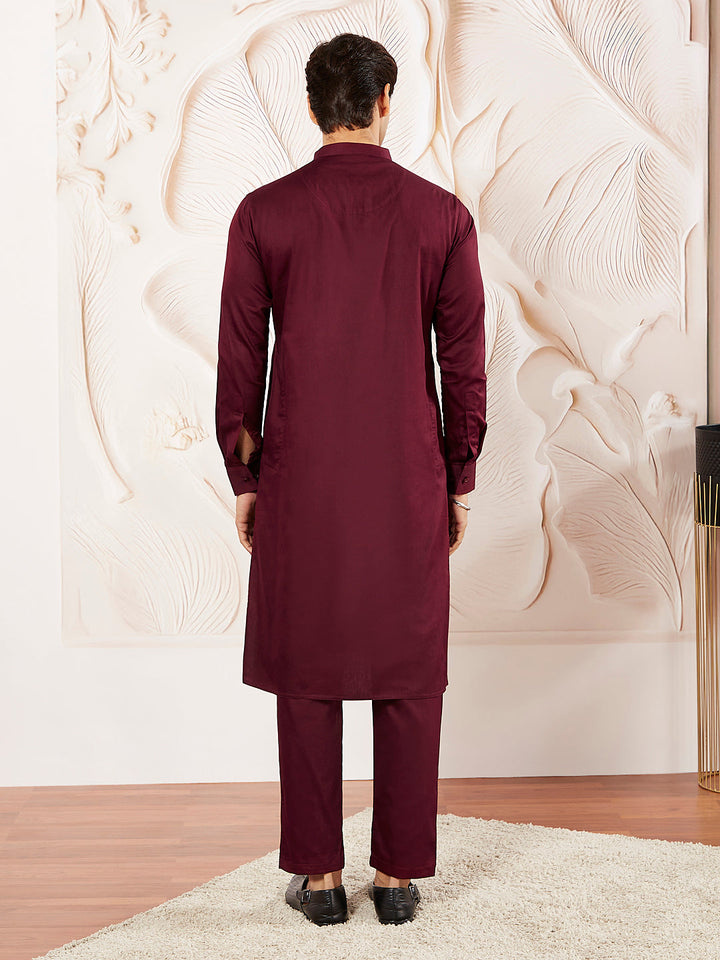 Men's Wine Cotton Blend Kurta Pyjama Set