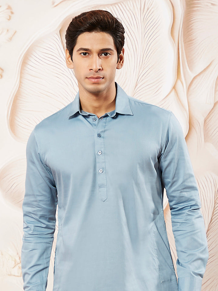 Men's Powder Blue Fine Satin Pathani Kurta Set